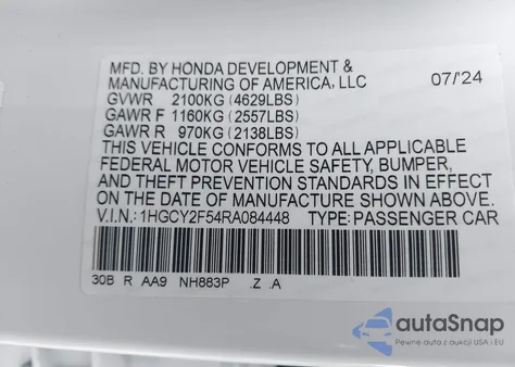 2024 Honda Accord Hybrid Sport из США, поврежденный, VIN 1HGCY2F54RA084448